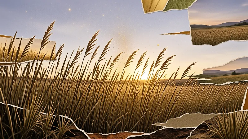 Tall golden wheat stalks stand in the foreground while torn paper edges reveal distant fields and a bright sky.
