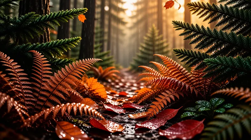 Brown and green ferns surround a damp woodland path illuminated by soft sunlight filtering through tall trees in autumn.