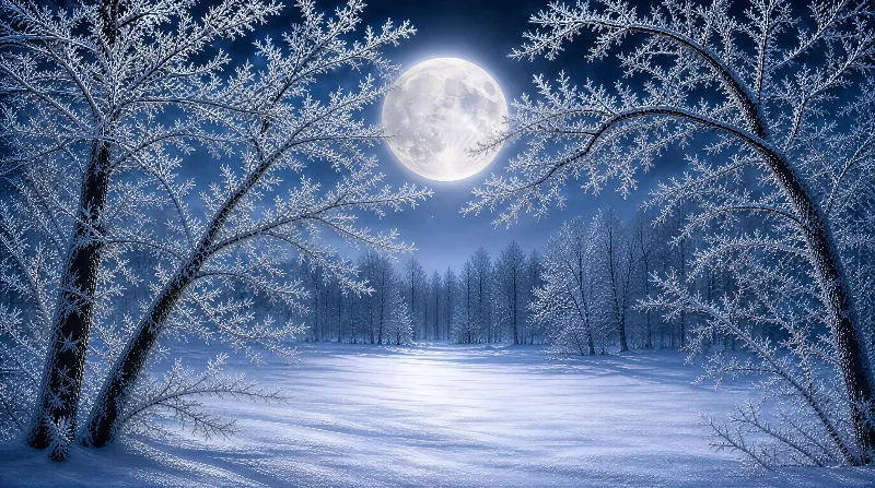 Snowy Night with Full Moon