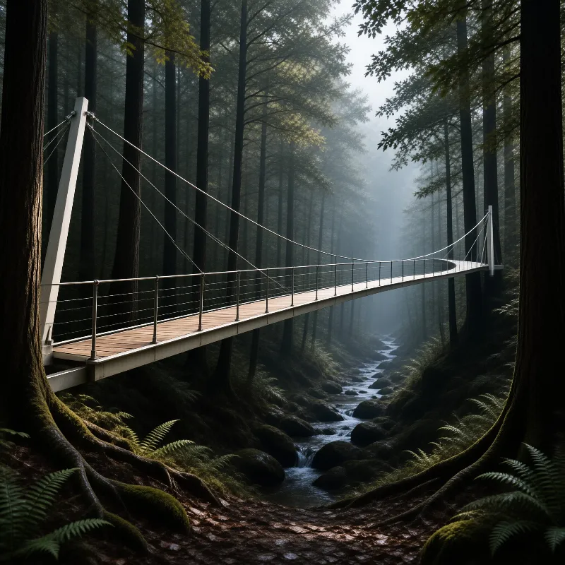 A wooden suspension bridge crosses a rocky stream in a dense misty forest with tall trees and ferns.