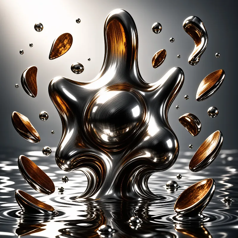 A shiny metallic splash rises from a dark reflective surface while gold oval shapes fly outward.