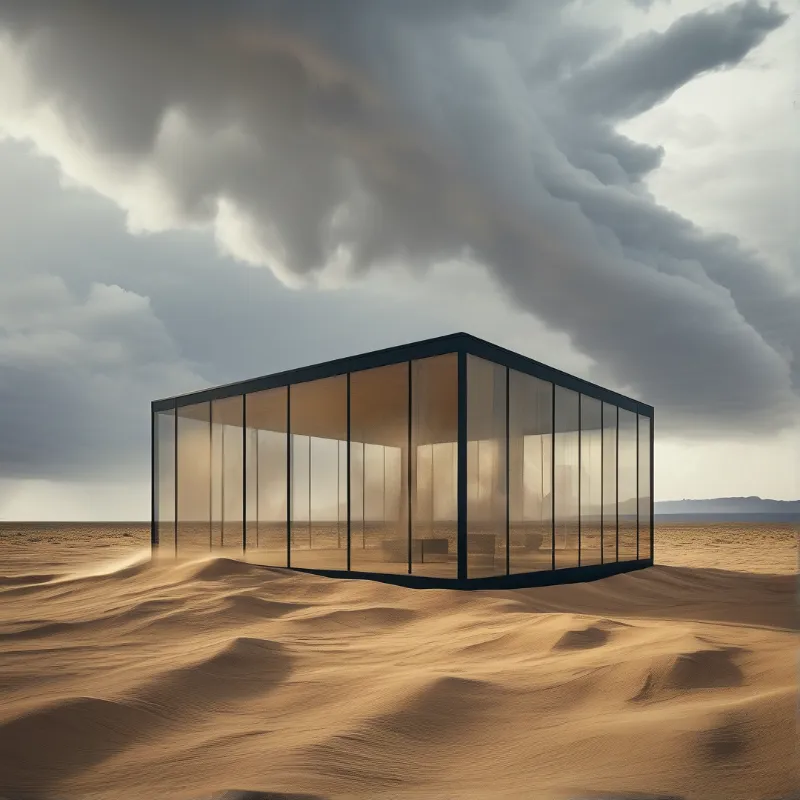 A modern glass pavilion rests on desert sand beneath a dramatic sky filled with dark storm clouds.