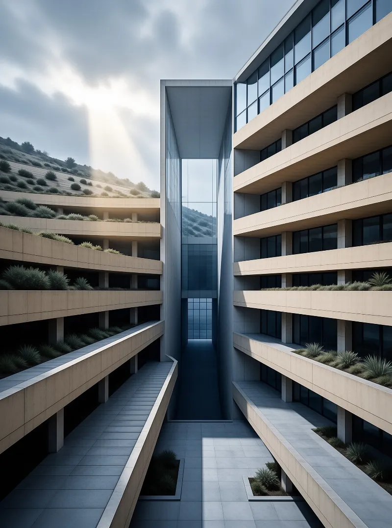Tiered minimalist office structure stands between hill slopes, sunbeams pierce clouds above its central glass atrium.