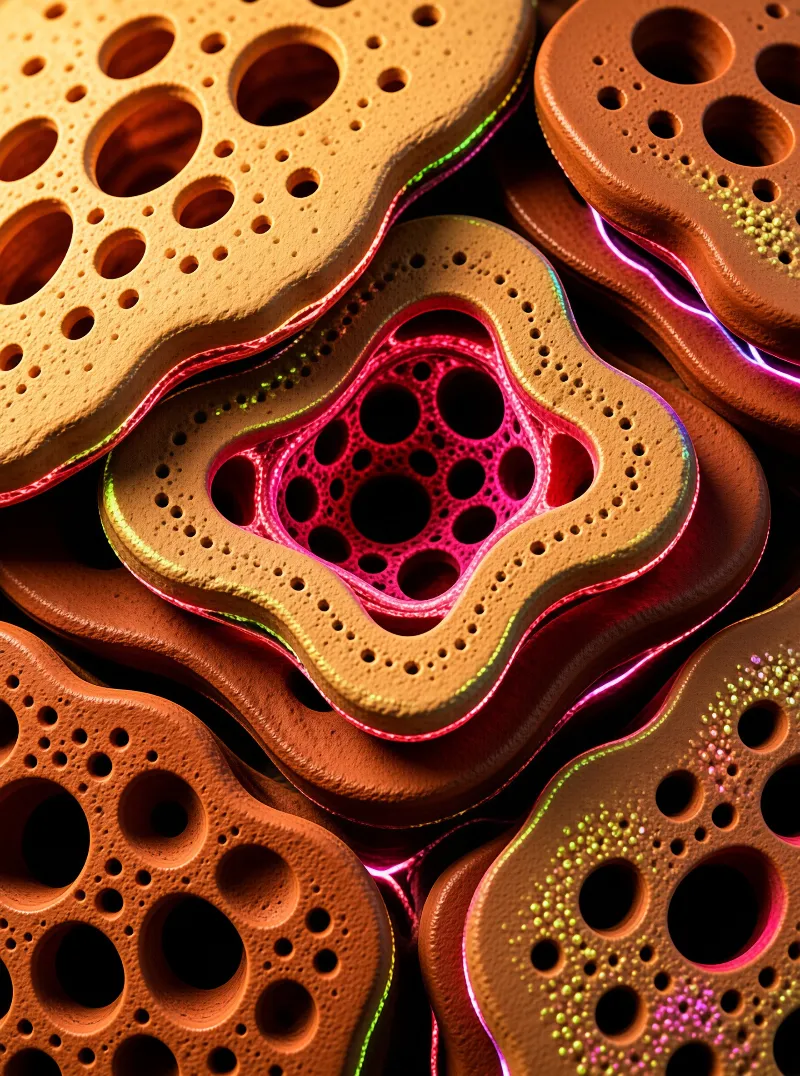 Abstract wavy forms with porous surfaces and glowing neon edges in warm orange and pink tones.