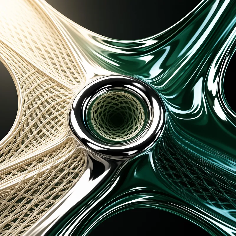 Glossy green fluid curves swirl around a chrome ring while pale woven threads fan out across the frame.