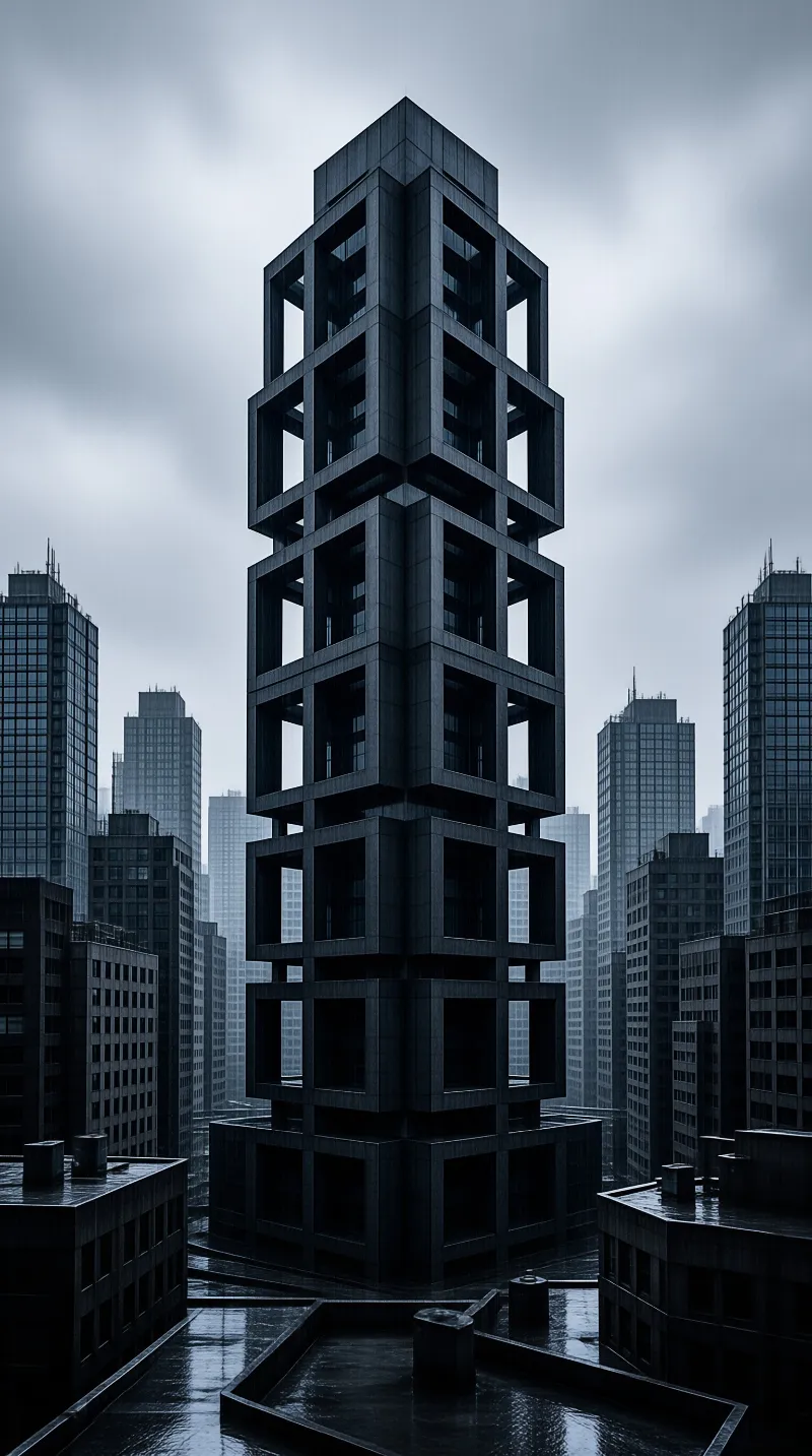 This geometric stacked cube skyscraper soars over a cluster of lower urban towers under a grey overcast rainy sky.