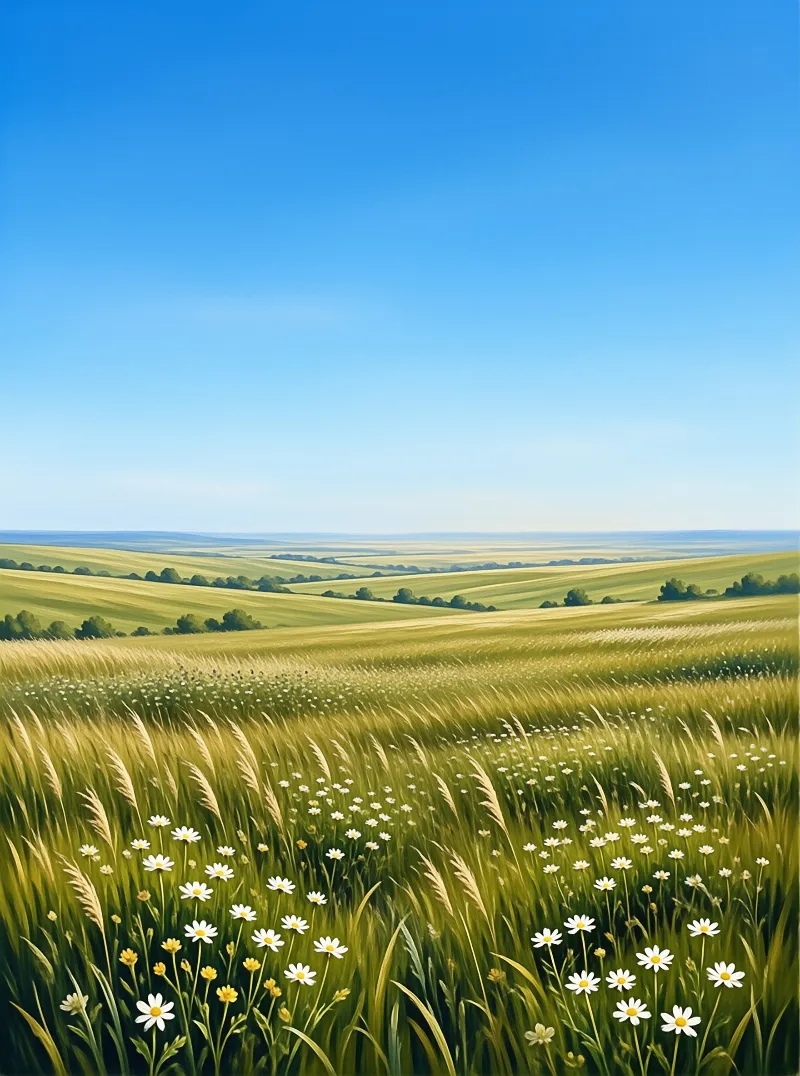 A landscape showing rolling green hills and white flowers blooming in the foreground under a clear sky.