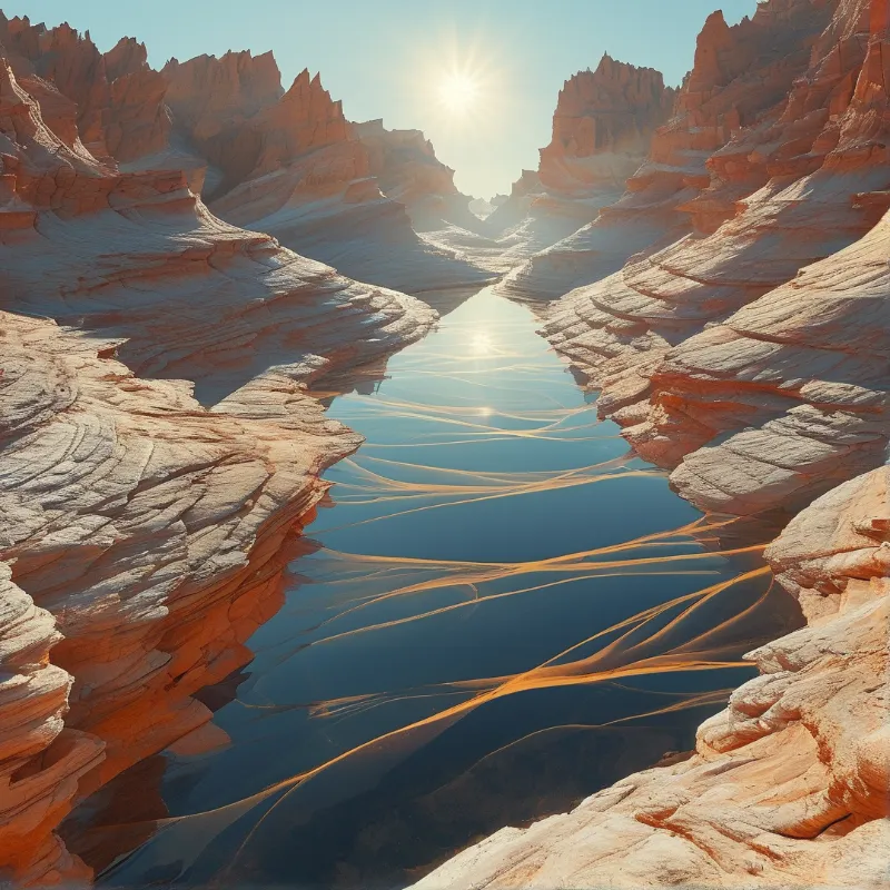 Golden light fans across the dark water of a narrow canyon while warm sandstone walls curve toward a bright sun.