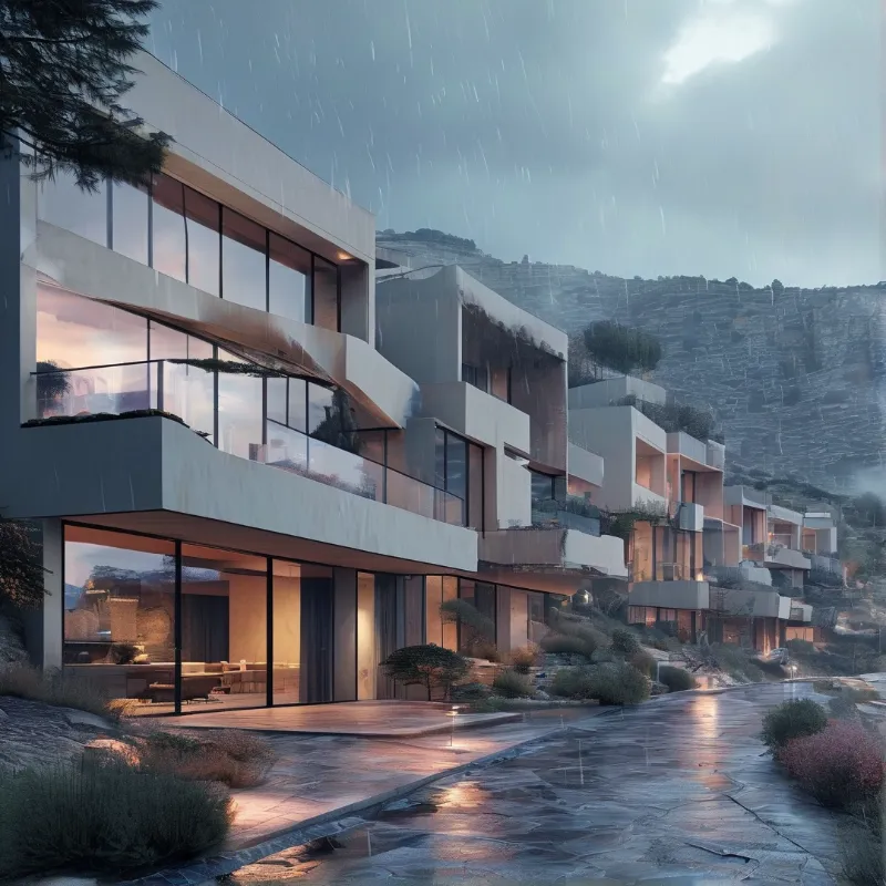 Contemporary hillside residences with large glass windows glowing warmly during a rain shower.