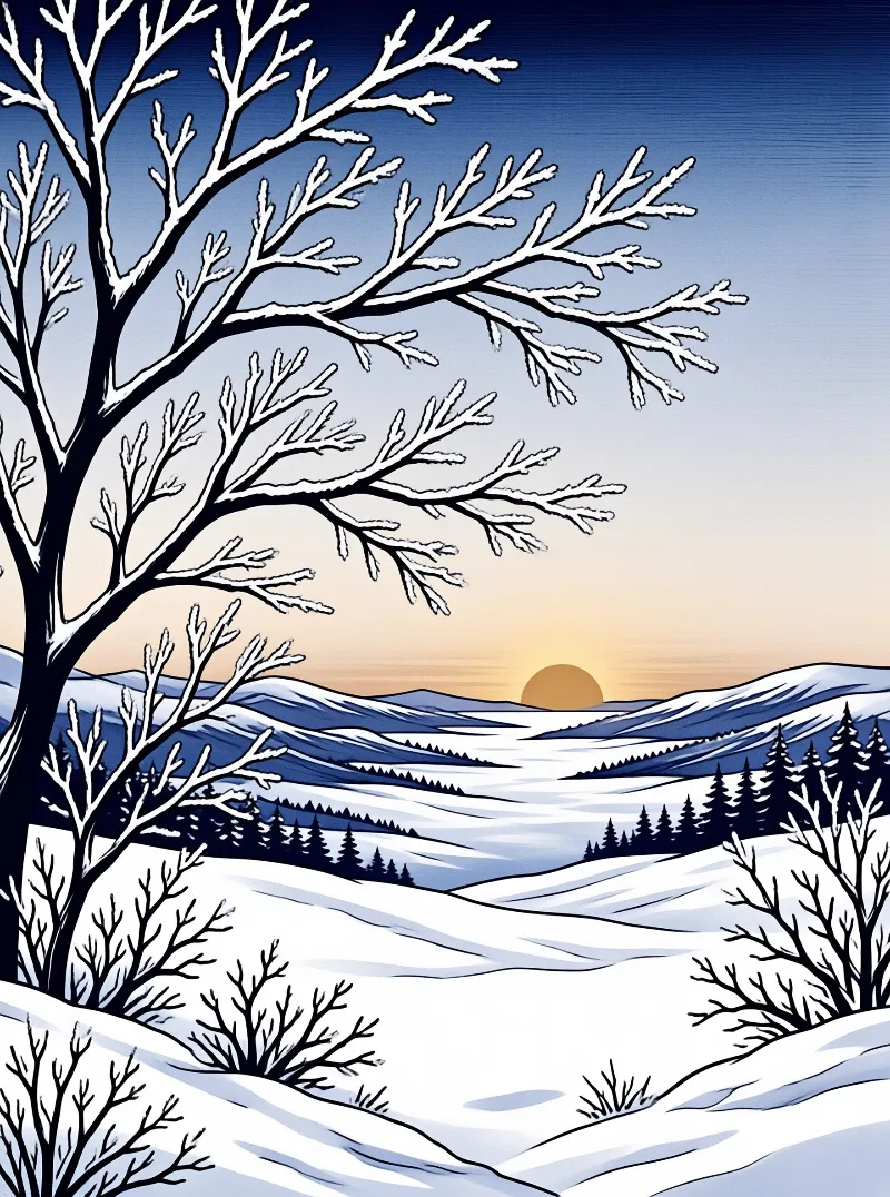An illustration of snow covered tree branches extending over a frozen valley with a sun setting behind distant mountains.