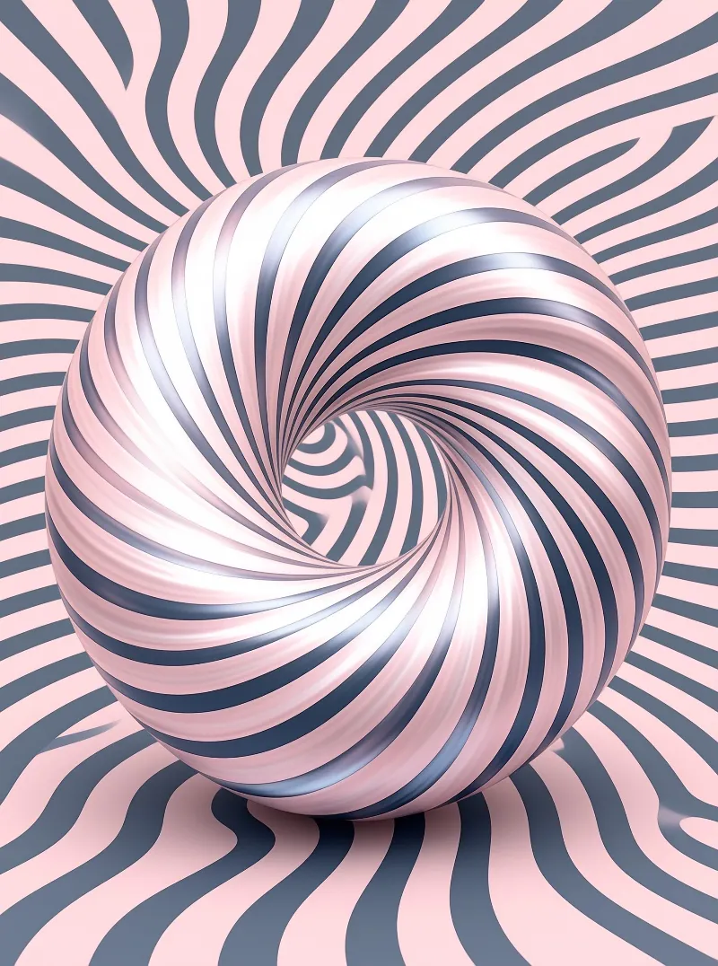 A pink and blue striped vortex ring floats centrally against a matching radiating background pattern.