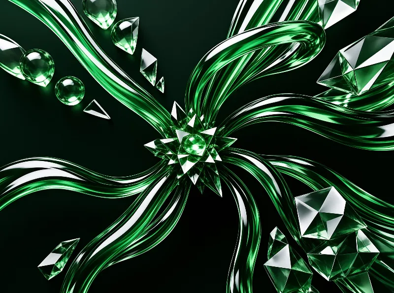 Dark green glossy ribbons swirl around a central starburst cluster of faceted emerald crystals with reflective spheres
