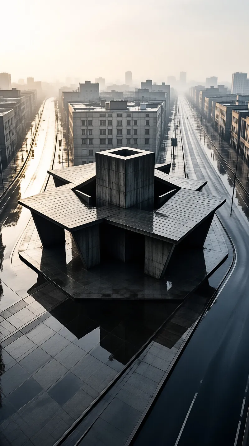 An aerial view of a cross shaped concrete monument with a central tower mirrored in a wet plaza amid foggy city blocks.
