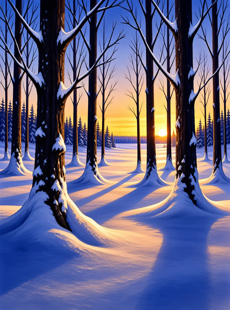 Long shadows stretch across a snowy field while bare trees glow against an orange and blue sunset sky.