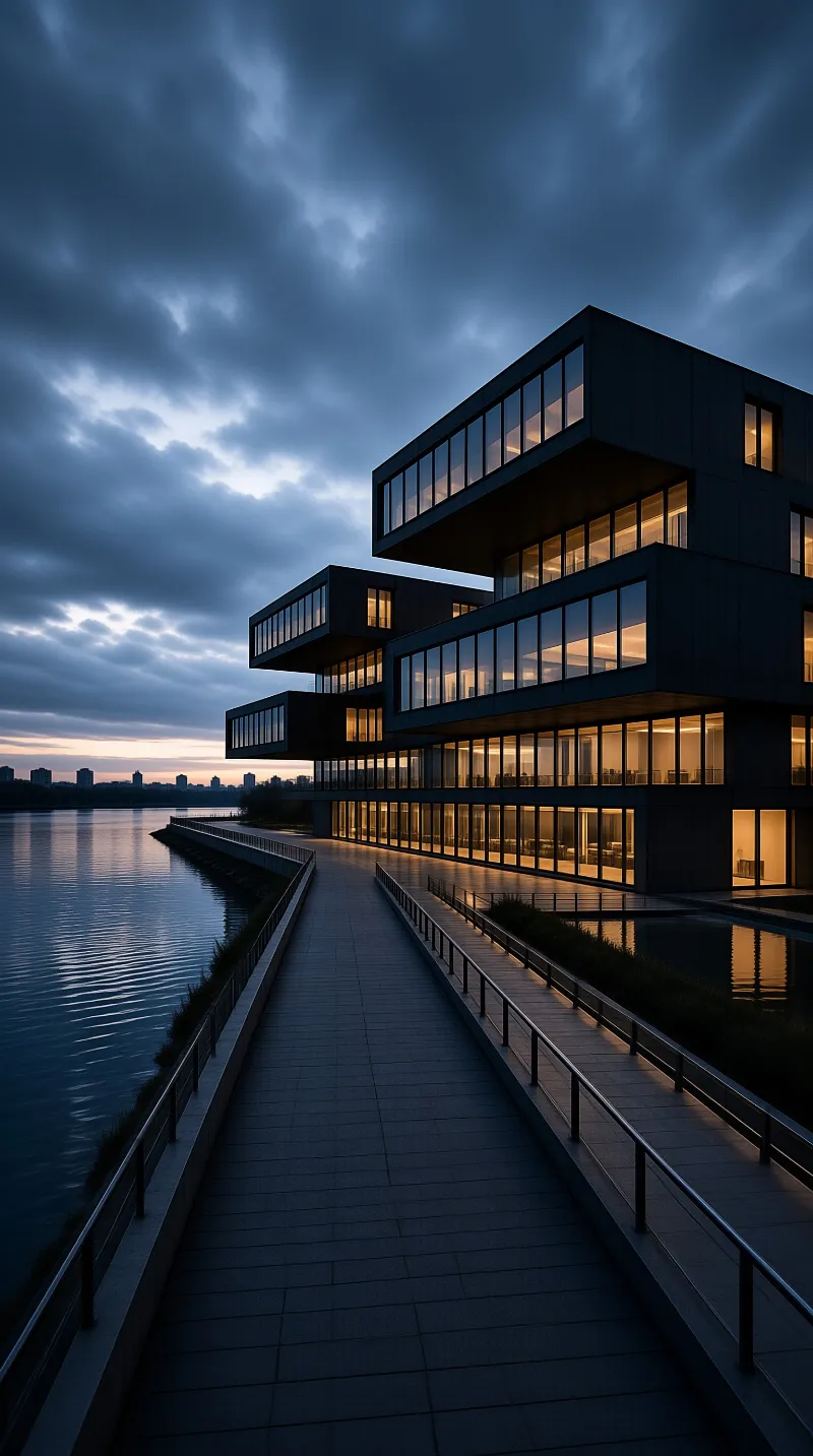 Shifted dark volumes with glowing windows stand over an empty boardwalk as clouds gather at dusk.
