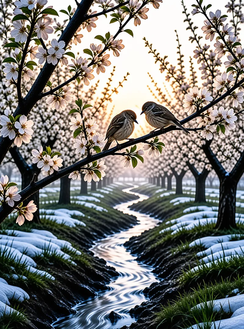 Two small birds perch on a pink blossom branch beside a snowy stream at sunrise.