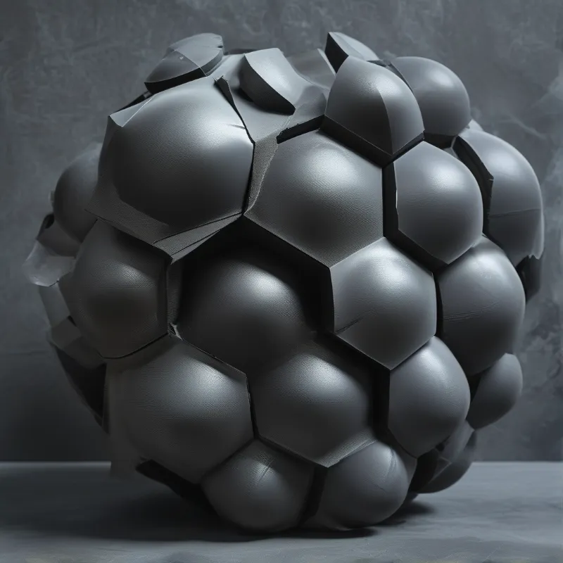 A large grey spherical object composed of hexagonal shell segments sits on a flat surface under soft studio lighting.