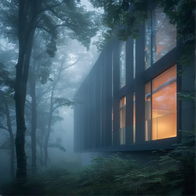 A building sits in foggy woodland, dark exterior contrasting with bright orange light spilling from windows onto ferns.