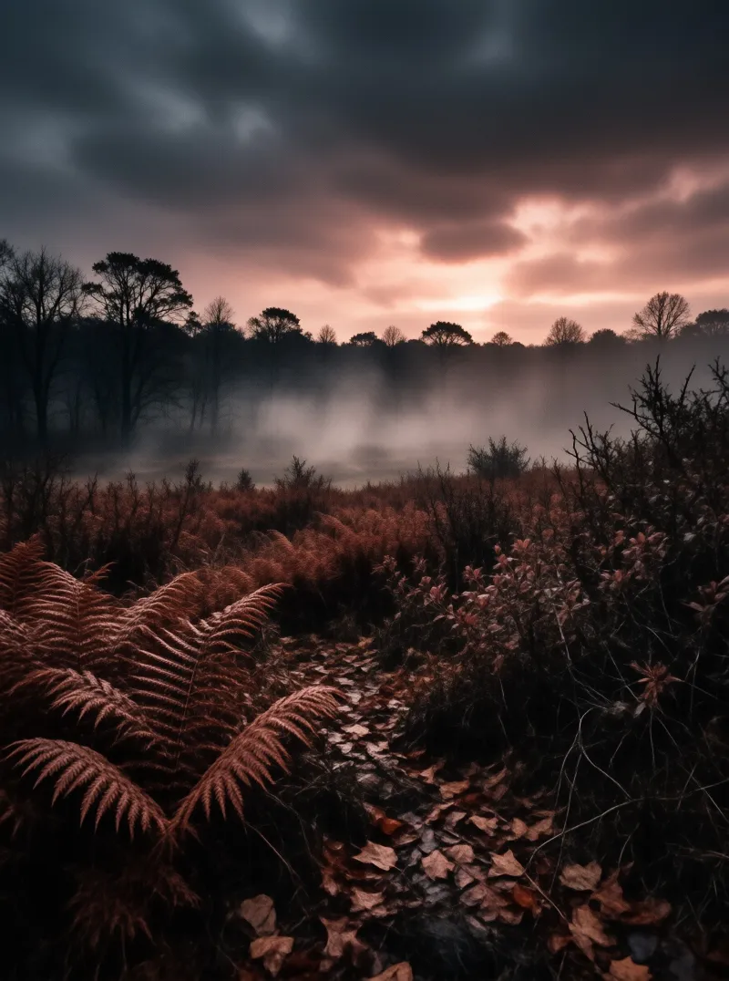 A path lined with brown bracken leads toward a foggy tree line beneath a dramatic pink and grey evening sky.