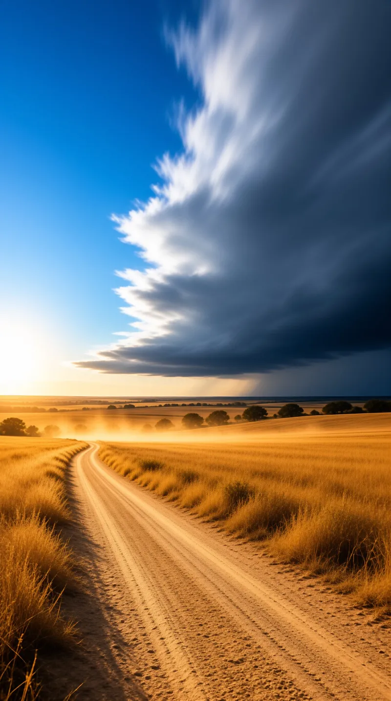A sandy track curves through sunlit amber grasses toward a wall of dark storm cloud with rain falling in the distance.