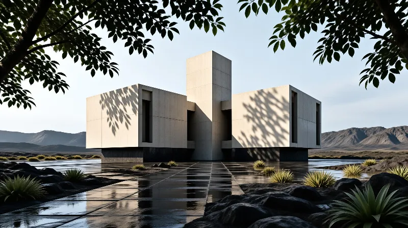 Cubic concrete architecture rests on wet pavement reflecting the sky framed by hanging leaves and distant mountains.