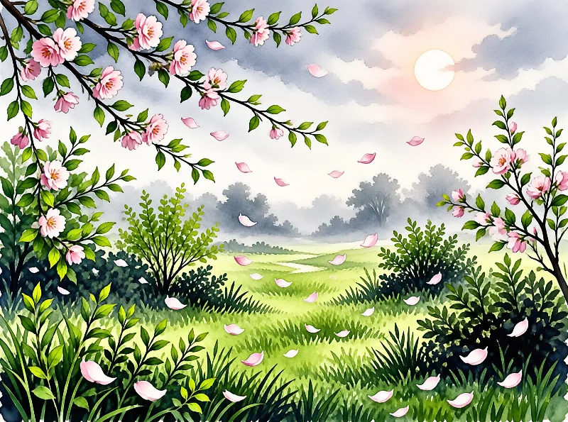 A soft watercolor scene shows pink flowering branches and drifting petals above a lush green meadow under a hazy sun
