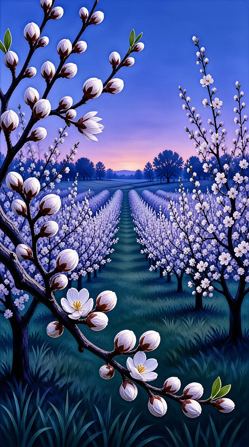 Foreground branches with white buds frame rows of blossoming trees in an orchard under a twilight sky fading to pink.