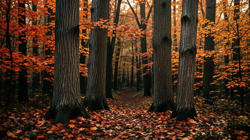 Rows of deeply furrowed tree trunks stand over a thick carpet of rust-colored maple leaves in a dim autumn wood.