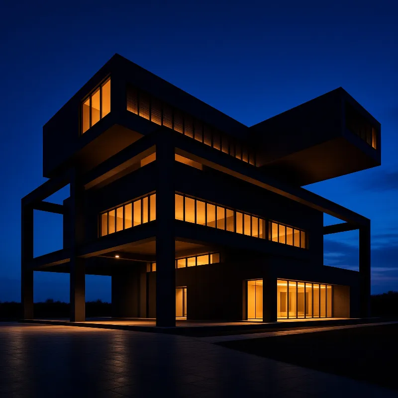 A contemporary architectural structure with sharp angles and large windows stands illuminated against the deep blue sky of the evening, casting a warm orange glow from the interior onto the paved ground below.