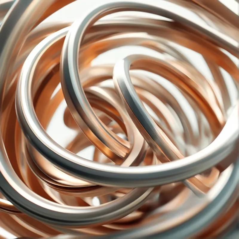 Overlapping shiny copper colored tubular spirals are arranged in a layered swirling pattern against a light plain background.