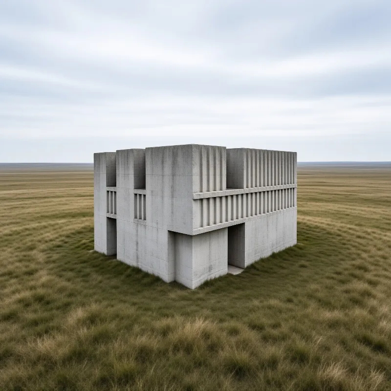 A grey concrete building with vertical fins sits isolated on a flat, overcast grassy plain under a cloudy sky.