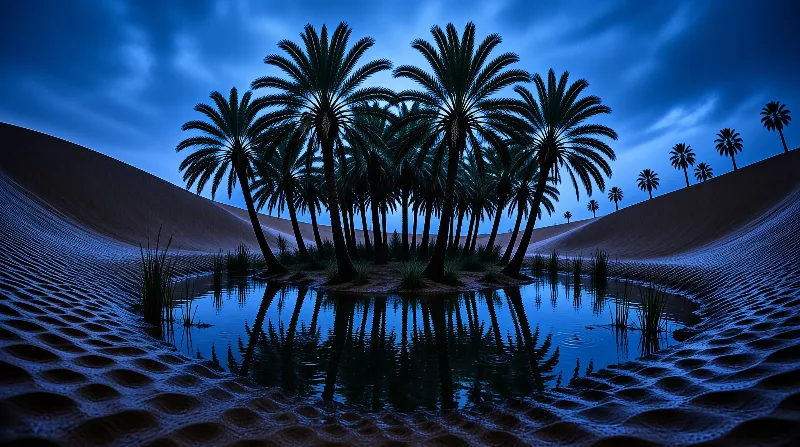 Silhouetted palm trees stand in a desert oasis pool reflecting the deep blue twilight sky between sandy dunes.