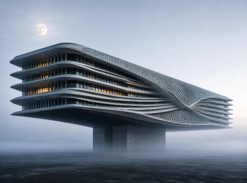Modern Floating Building with Curved Design