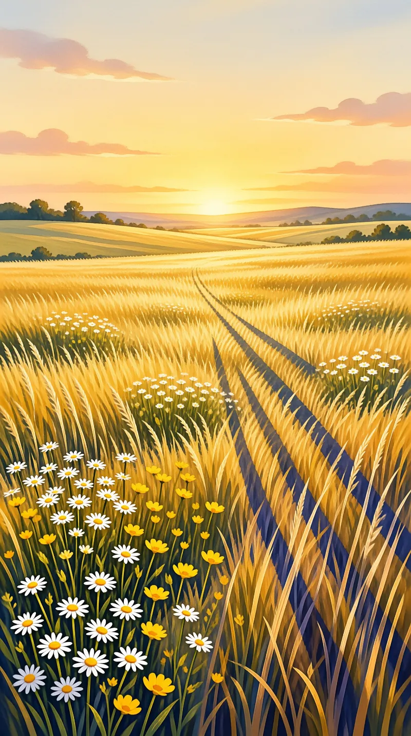 A stylized illustration of a golden wheat field with a path leading toward the setting sun and scattered wildflowers.