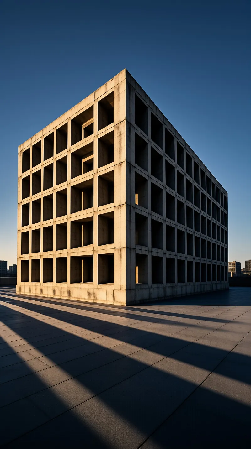 A deep grid facade of a concrete building casts long diagonal shadows on tiled plaza under clear blue sky.