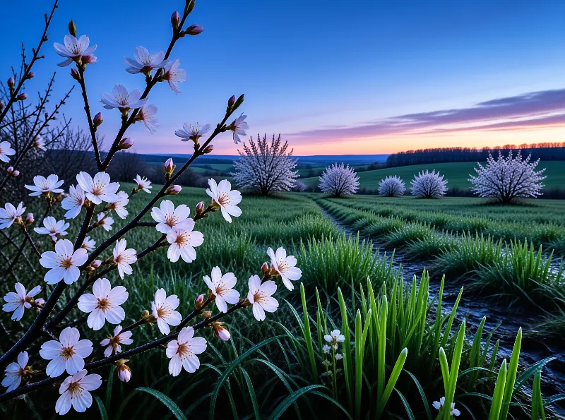 Cherry blossom branches frame lush green fields under a twilight sky with pink and orange hues on the horizon.