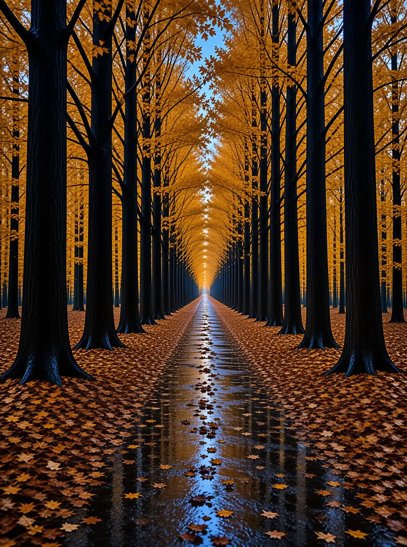 Tall dark trunks arch over a straight trail carpeted with orange leaves, rainwater flashing in the middle distance.