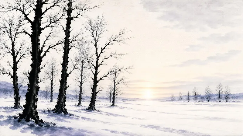 A winter scene showing bare trees in a snow-covered field under soft, golden morning light with long shadows cast across the frosty ground
