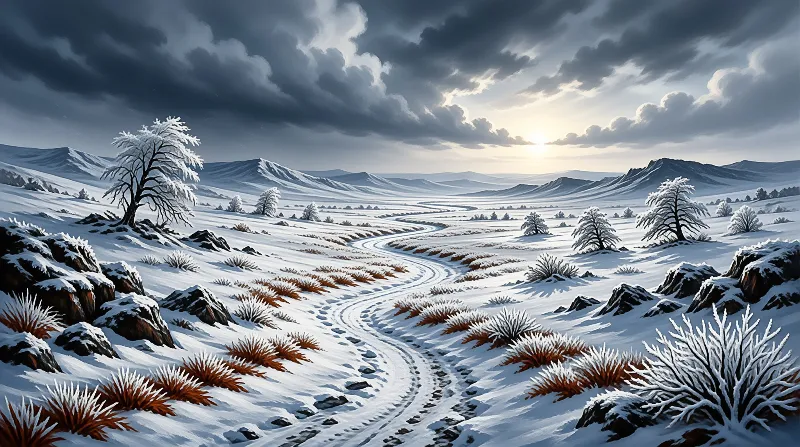 Winding empty road winds across snow covered tundra, dotted with frosted trees, as sun breaks through storm clouds over snowy hills.