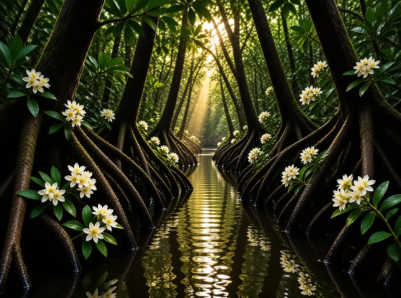 A water channel flanked by curving mangrove trunks adorned with white blooms under bright sunbeams.