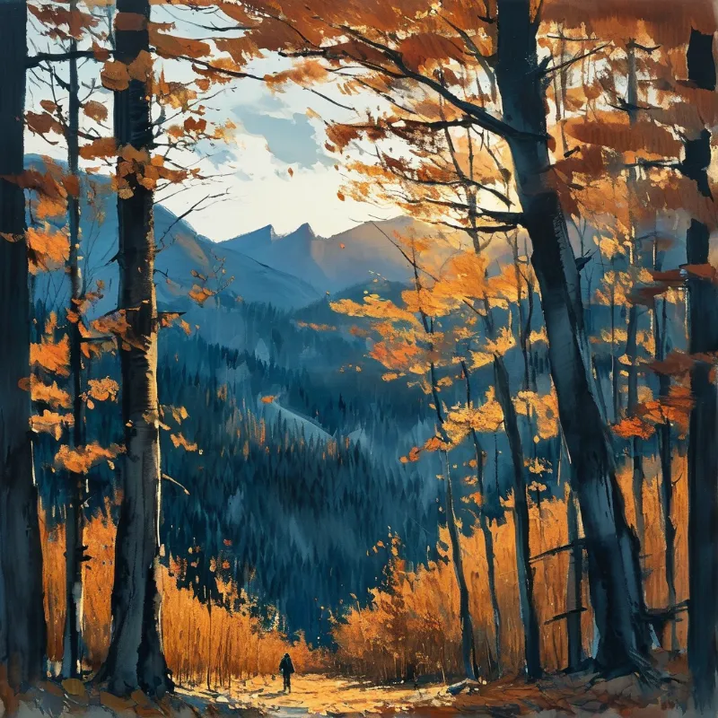 A small figure walks along a sunlit forest path framed by orange trees and blue mountains.