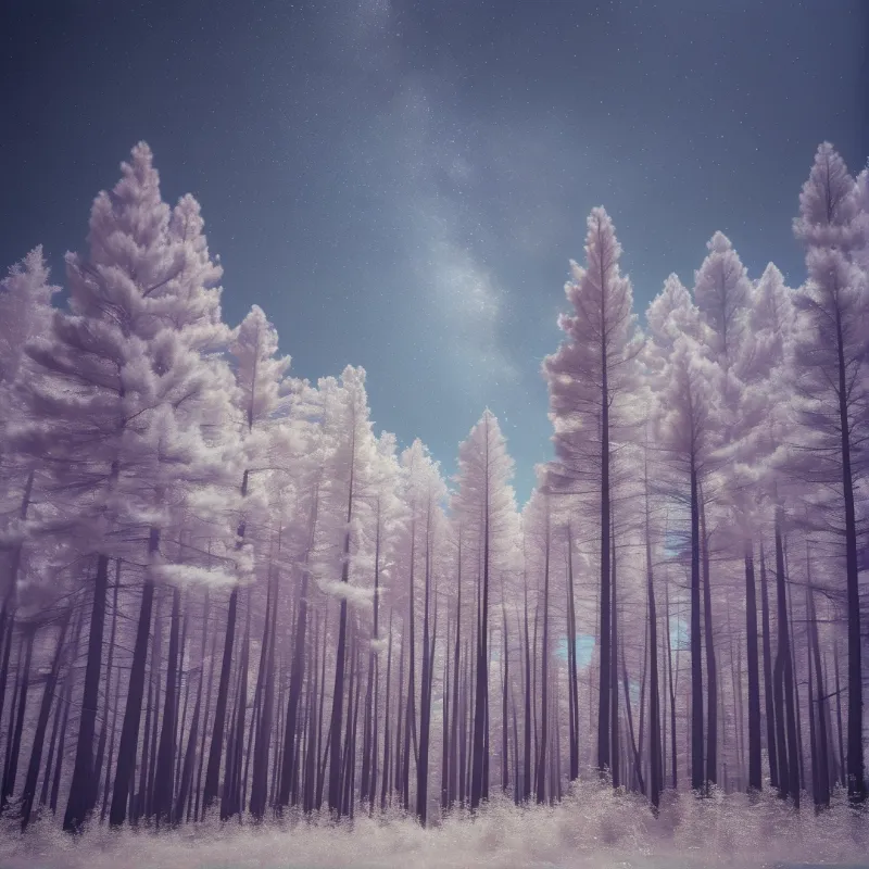 Tall slender pine trees covered in white frost reach into a deep blue starry sky.