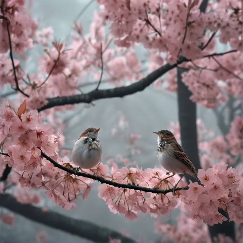 A pair of small birds rests on a dark branch surrounded by clusters of delicate pink cherry blossoms.