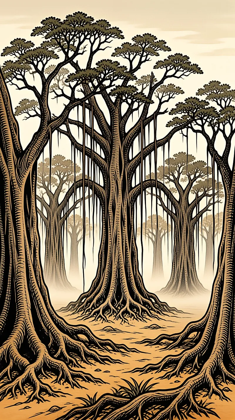 A detailed illustration of ancient trees with thick winding roots and hanging vines in a misty forest