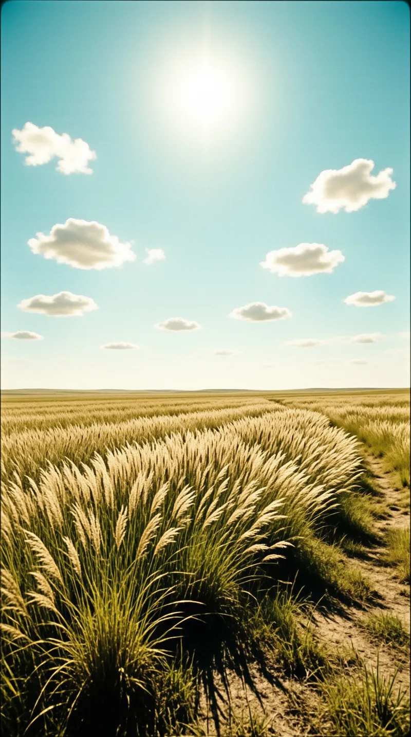 Mature wheat stretches across a plain beside a dirt path under bright sunlight with scattered clouds.