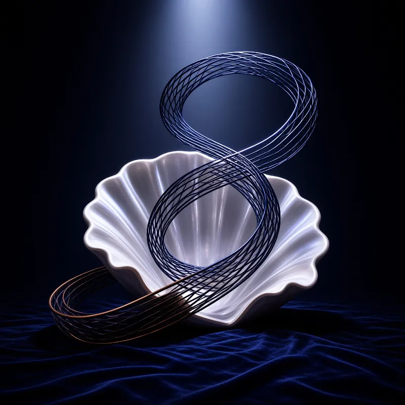 A white scallop shell sits on blue velvet with a twisted dark wire loop passing through it under a spotlight.