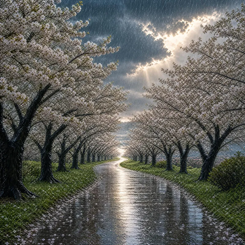 Cherry Blossom Rainy Path