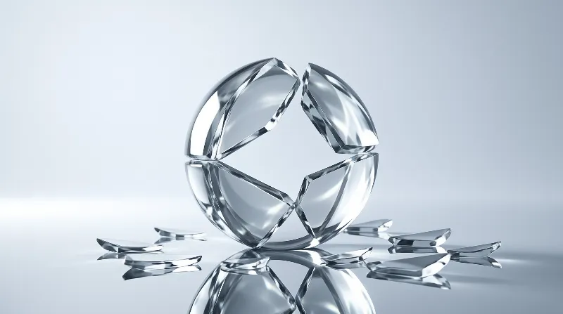 A cluster of clear glass shards stands upright on a glossy floor with smaller pieces scattered around.