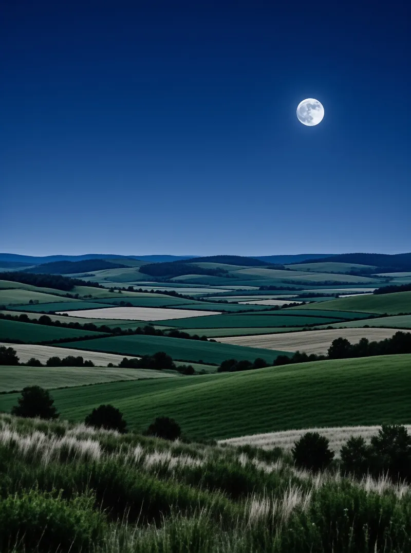 A bright full moon hangs in the deep blue sky above rolling green hills and patchwork farm fields.