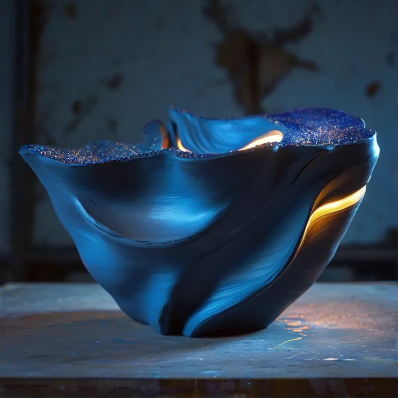 A deep blue sculptural object rests on a wooden surface while warm golden light shines through its interior.